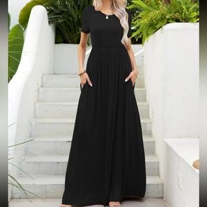 Boho Round Neck Short Sleeve Maxi Dress Black